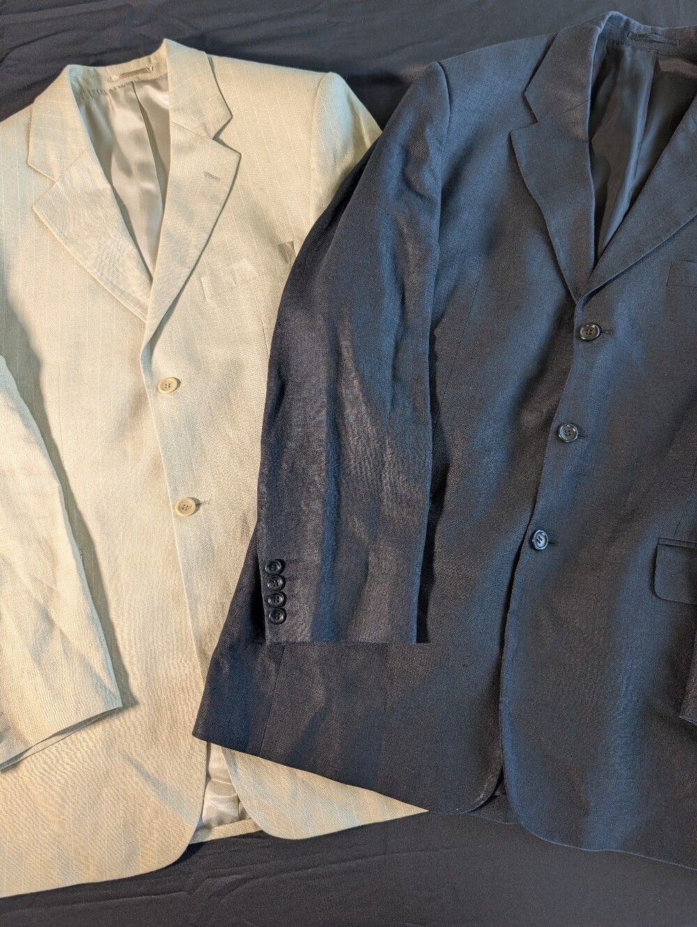 Vintage Emmanuelle Khanh Homme Linen Suits 1990s: Tan Pin Stripe & Solid Black